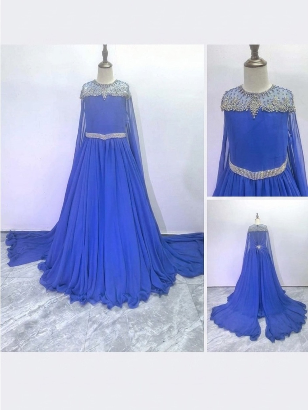 Beaded Royal Blue Girls Formal Gown with Cape